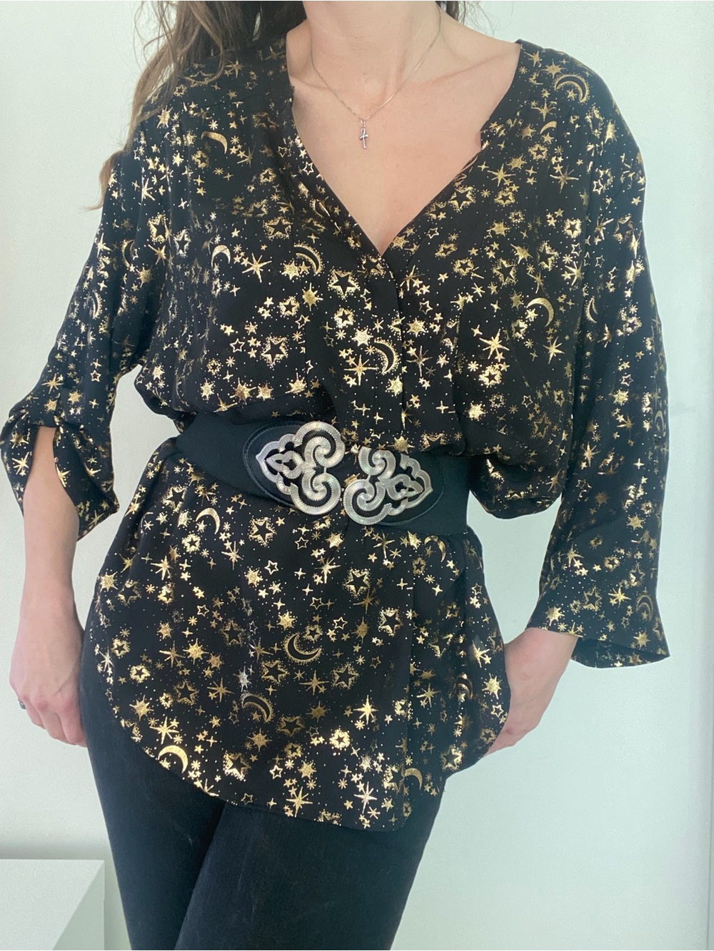 Oversized 2 Torid celestial gold Moon & Stars on black mystic blouse.